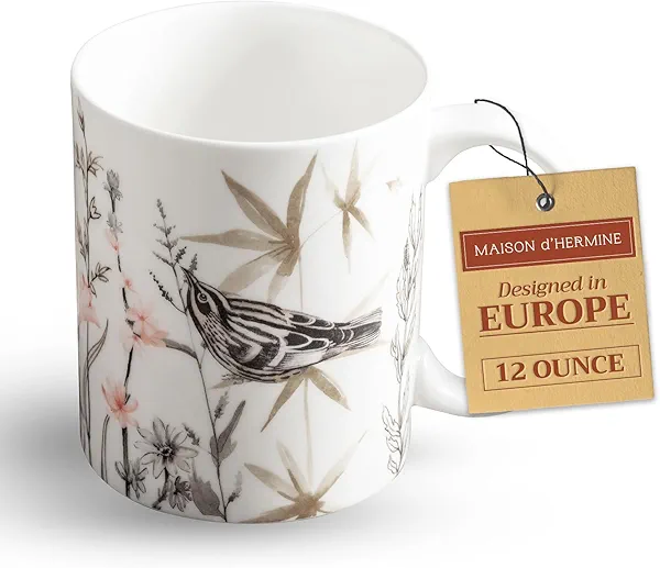 Maison d' Hermine Coffee Mug with Handles Fine Bone China Mugs Pack of One Tea Cups for Hot Beverages Cappuccino Latte Home Office Perfect for Gift (Meadow Florals - Brown Meadow Mornings, 12 Ounce)