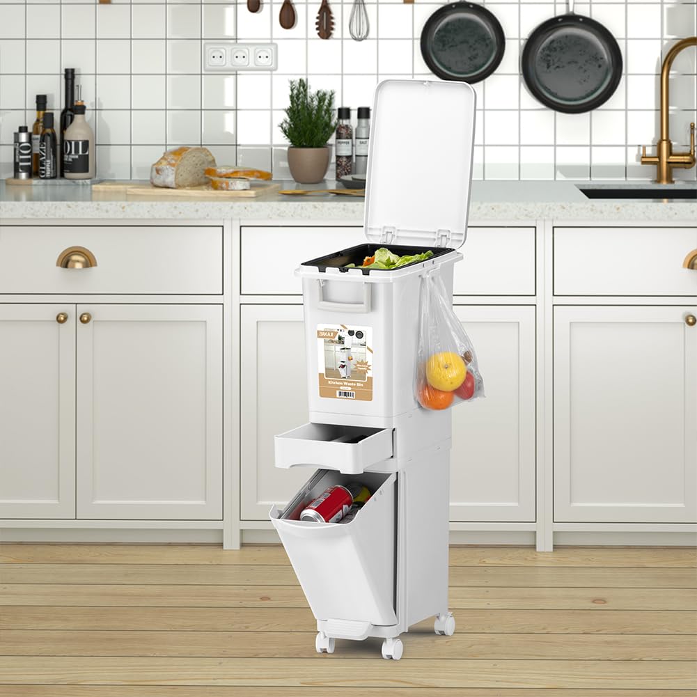 BAKAJI Pattumiera Alta e stretta da Cucina 32 Litri con Cestino Rimovibile per Spazzatura e Raccolta Differenziata, Design Salvaspazio, 1 Bidone a Ribalta + 1 Cassetto, 26 x 36 x 84H cm (32 Litri)