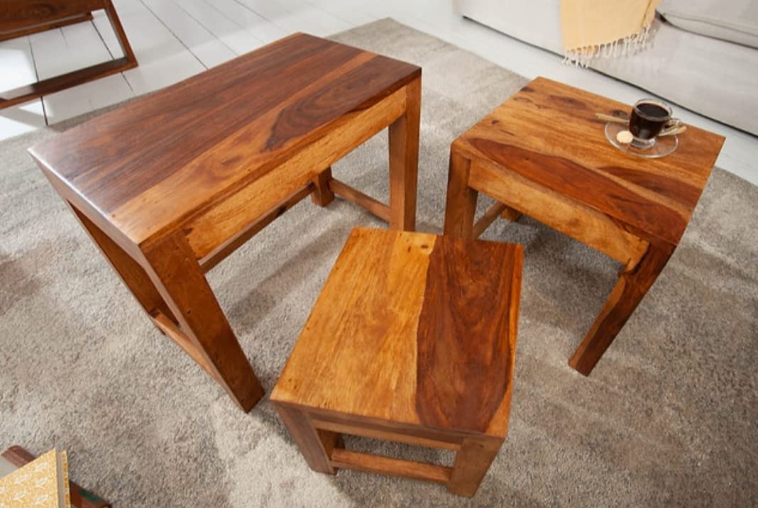 IThree Wooden Sheesham Wood Bedside Nesting Table Set of 3 Stool for Living Room (Natural Teak) (Large, Brown) Sold sheesham 4