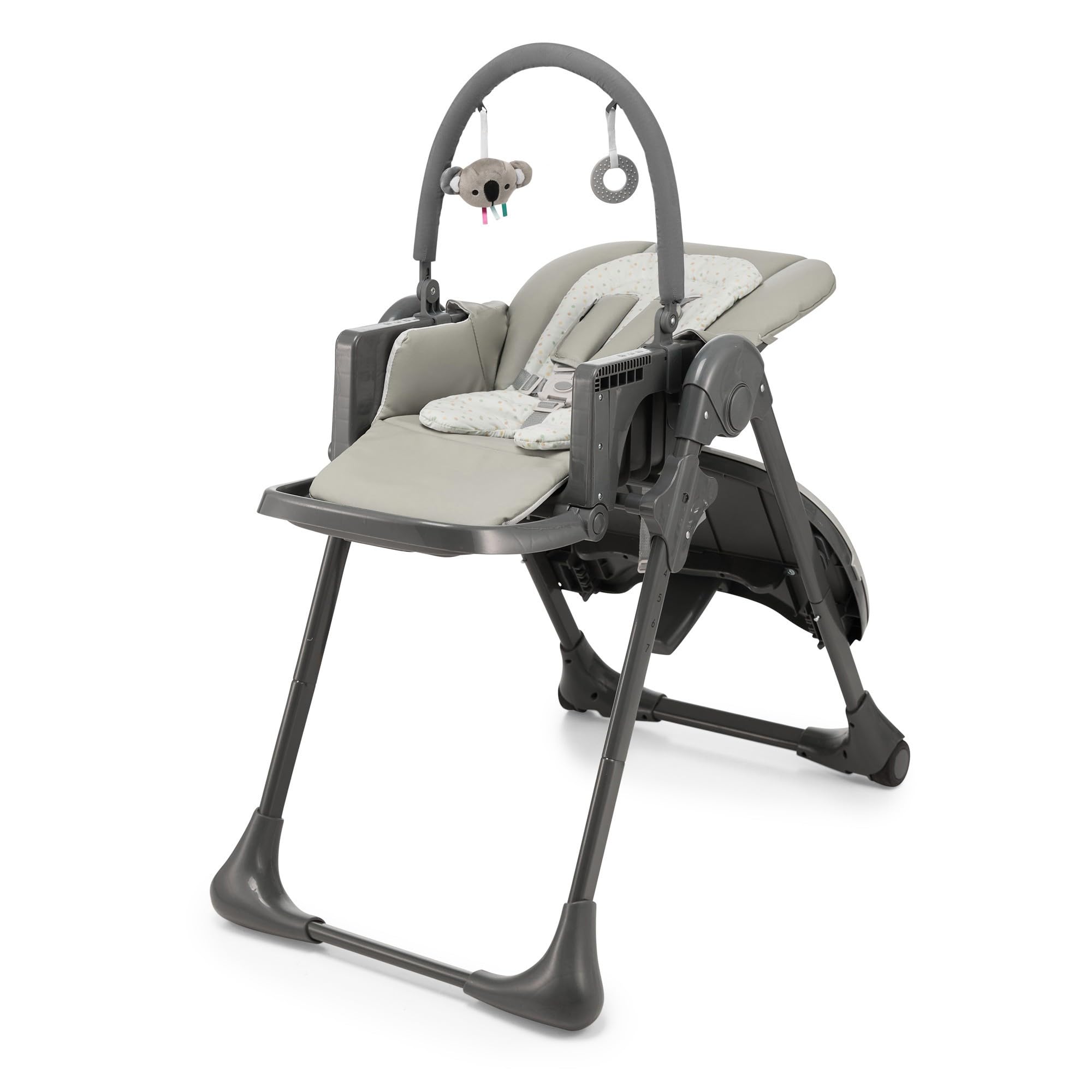 Kinderkraft TUMMIE krzesło 2 w 1, ergonomiczne, wygodne, odchylane, składane, z regulacją wysokości i podnóżkiem, zdejmowana taca dla dzieci, z zabawkami, szary