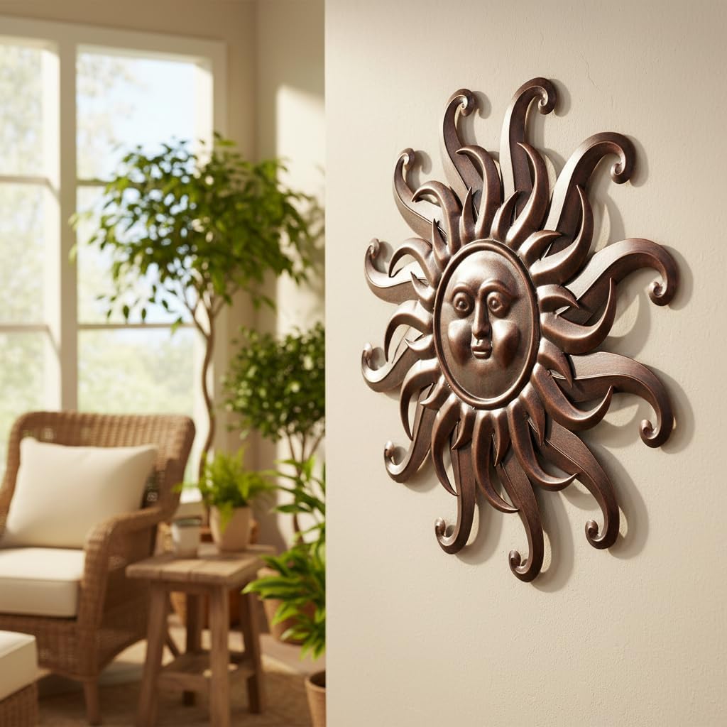Comfy Hour 25" Bronze Metal Sun Face Wall Art, Antique Vintage Celestial Figurine Style Home Decor, Large Outdoor Garden Sculpture, Patio 3D Decor, Farmhouse Rustic,