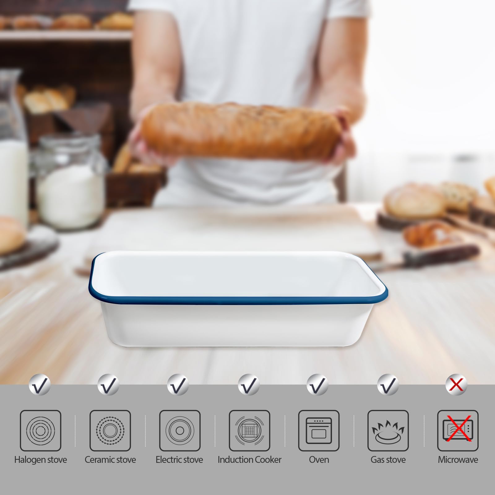 Teglia Smaltata Rettangolare 37 Cm – Antiaderente, Bianco E Blu, Per Torte E Arrosti, Da Forno