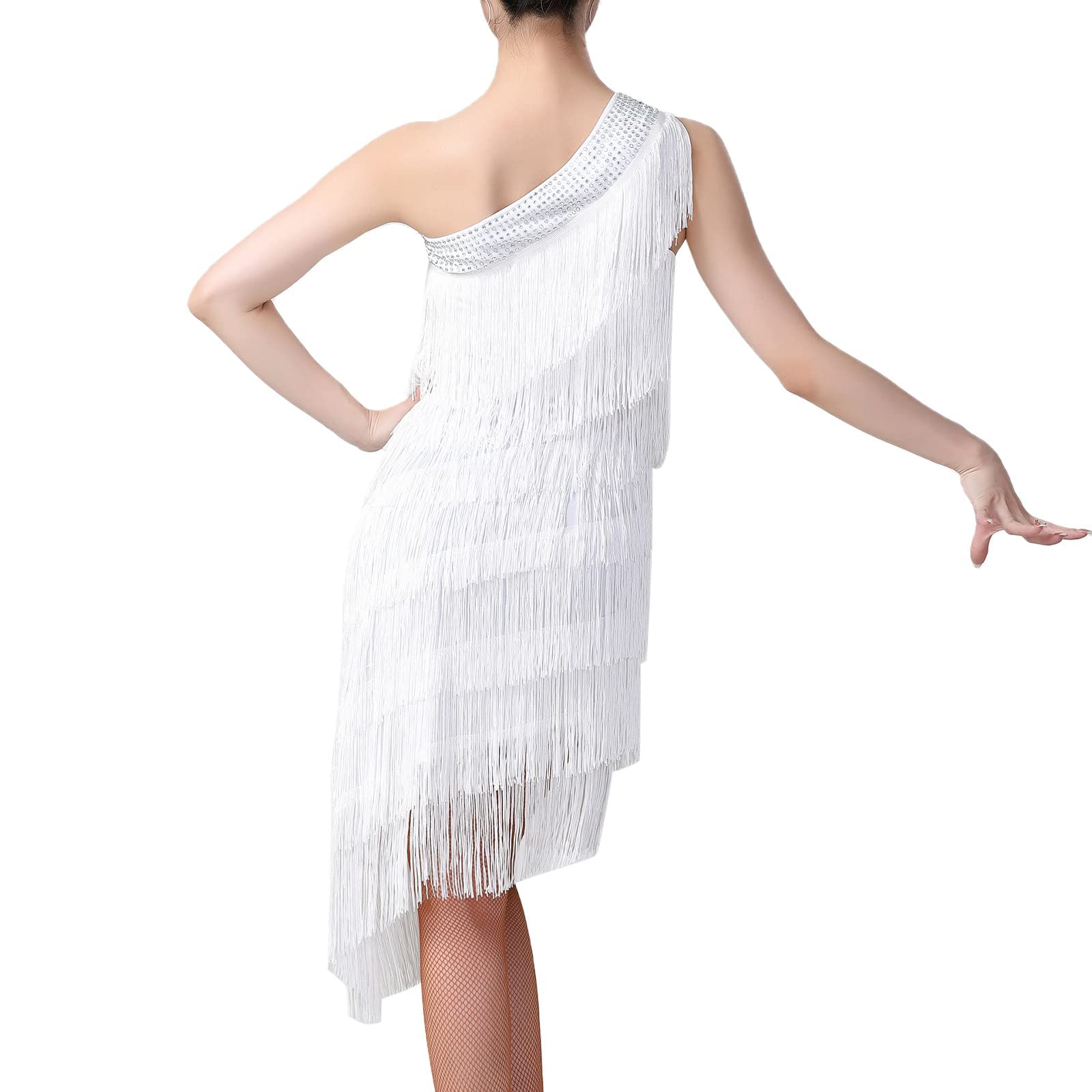 Tanzkleid Damen Latein, Eine Schulter Fransen Kleider, 1920s Samba KostüM Salsa Cha Cha Tango Rumba Flapper Kleid,Weiß