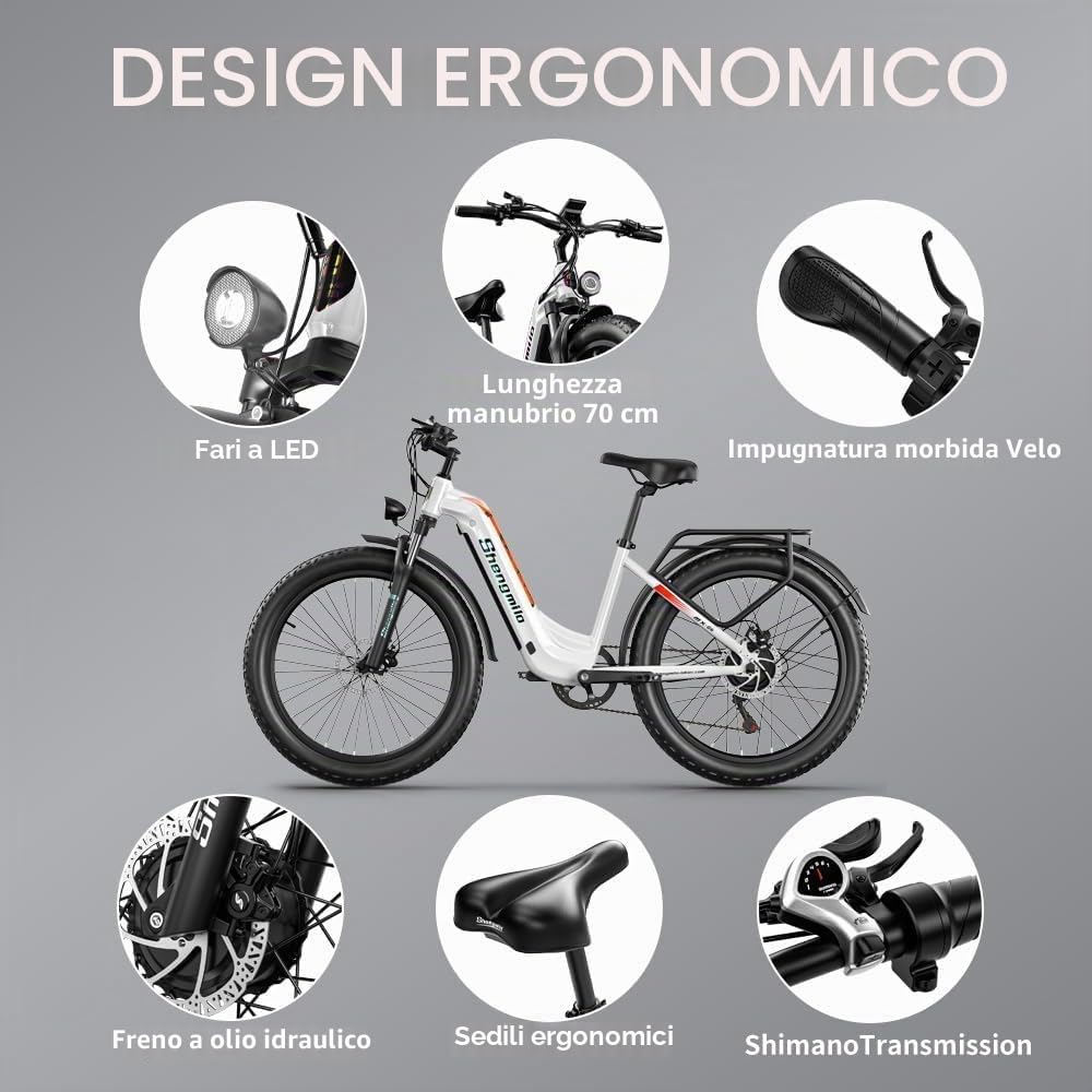 Shengmilo MX06 Bicicletta Elettrica Uomo/Donna, 80N.M, 26 Pollici Pneumatico Largo, Cambio a 7 Marce, Batteria 48V17.5AH, City Bike