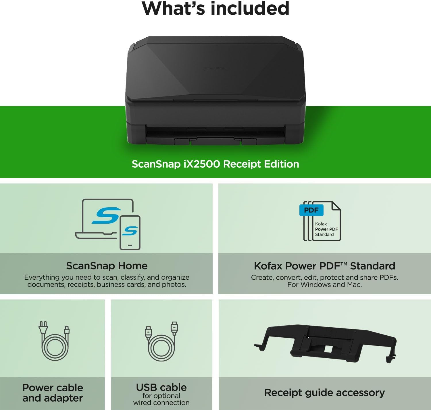 ScanSnap iX2500 Receipt Edition, Works with QuickBooks, Wireless or USB High-Speed Cloud Enabled Invoices & Receipts Scanner, 100 Page Auto Document Feeder for Mac or PC, Black