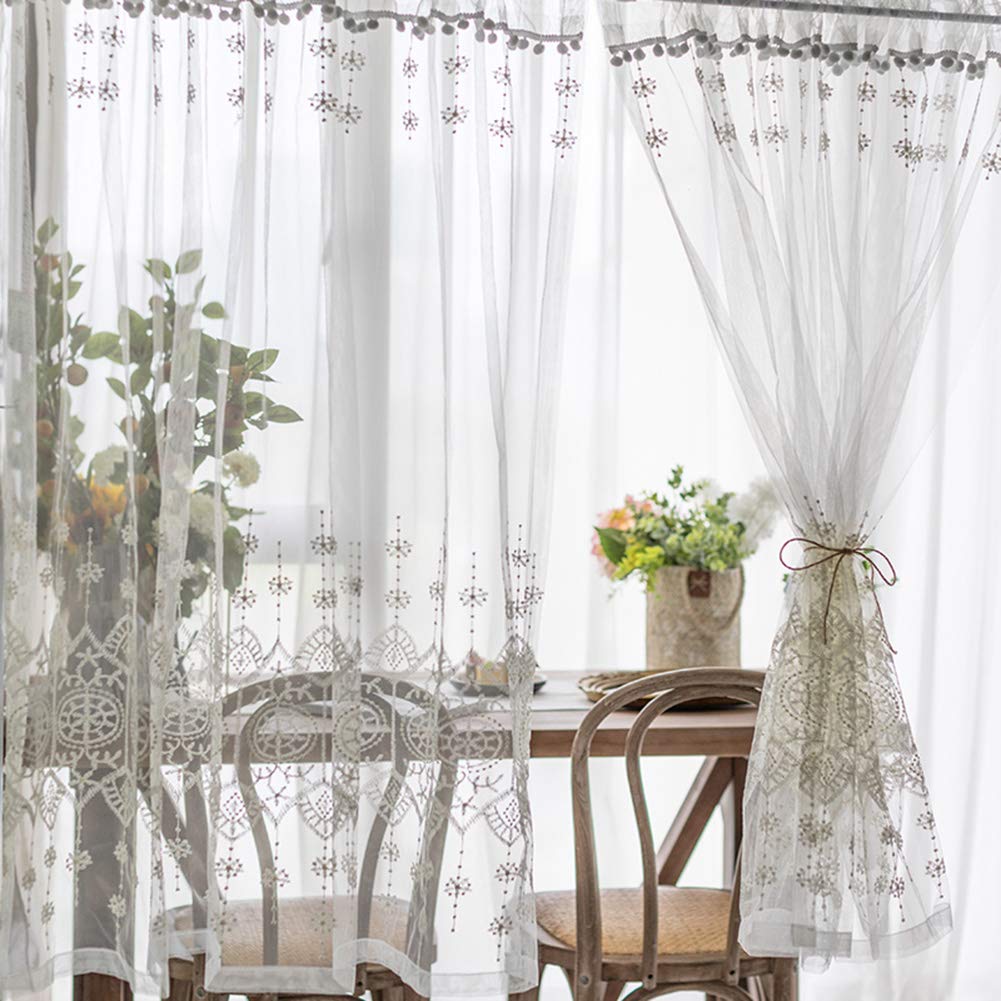 ORICALCHASM Short Curtains, Sheer Voile Window Curtain Valance Tier, White Embroidery Rod Pocket Half Curtain Drapes with Tassel Hair Ball, 1 Panel(H60xW200cm(H20xW78inch))
