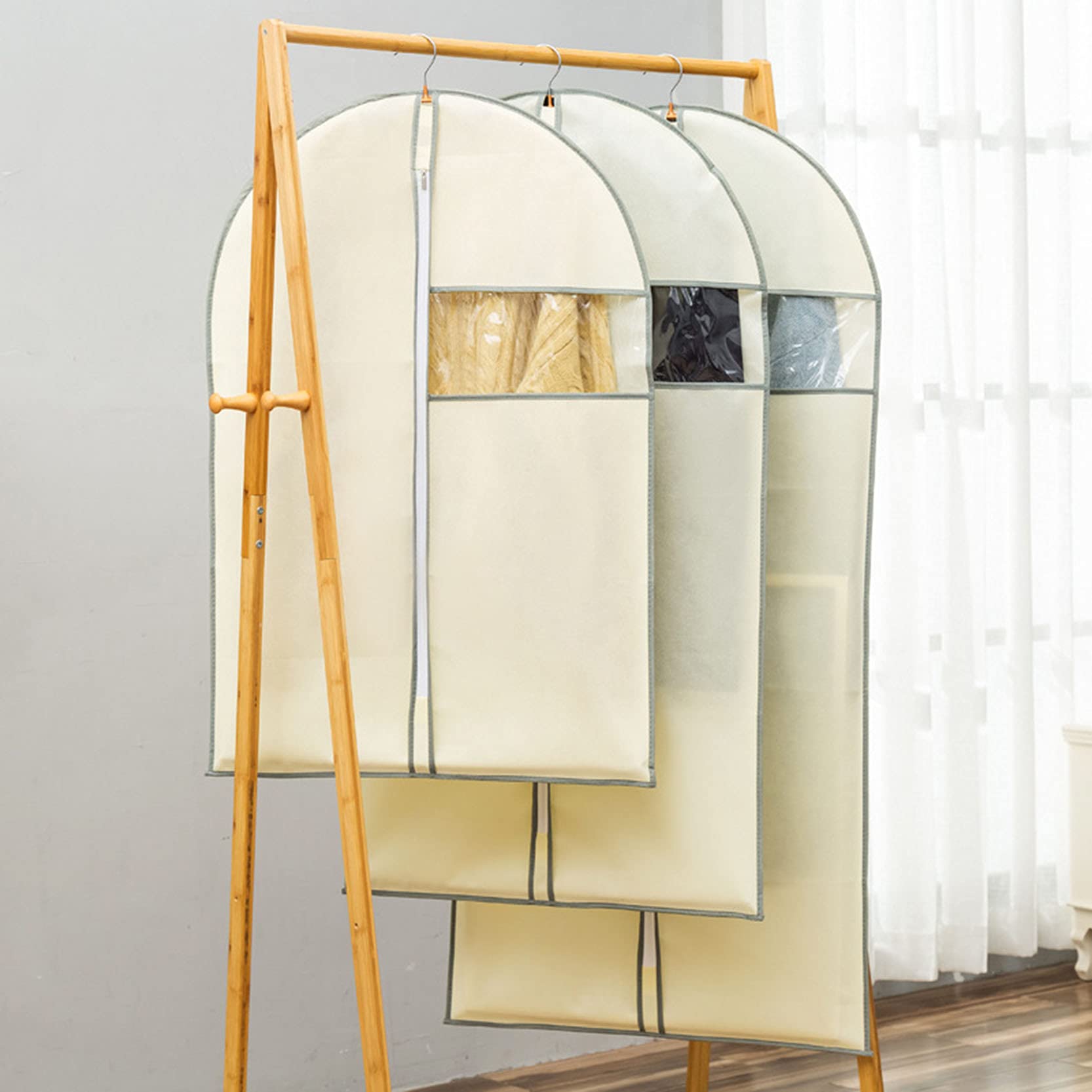 Bolsas Protectoras Para Fundas De Ropa Con Ventana Transparente,6 Piezas Fundas sas Para Ropa No Tejidas Con Cremallera,A Prueba De Polvo,A Prueba De Arrugas,Durable Lavable,Beige-60 x 90 cm