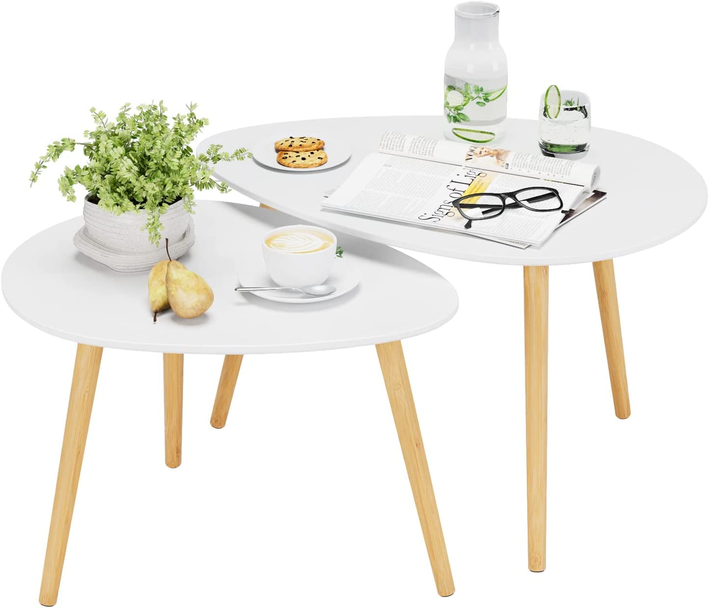 FOREHILL 2 Mesas de Centro Pequeñas, Mesas Auxiliares para Salon, Mesas de Café Blancas, Forma de Gota, Madera, Nórdico, Moderno, Mesita Grande (75,8x52,7x46,3cm), Mesita pequeña (63x48x42cm)