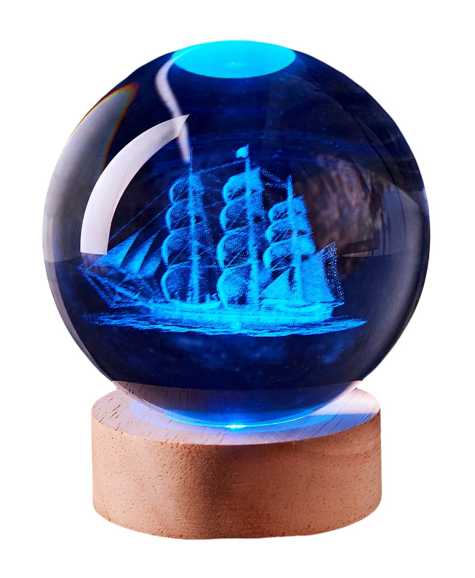 LGY3DLight 3D Crystal Ball Lamp with Remote Control, 3.15 inch Crystal Night Light with Wooden Base 16 Colors Change, Glass Figurine Lamp Gift for Girls Boys Wife Girlfriend Mom (Boat)
