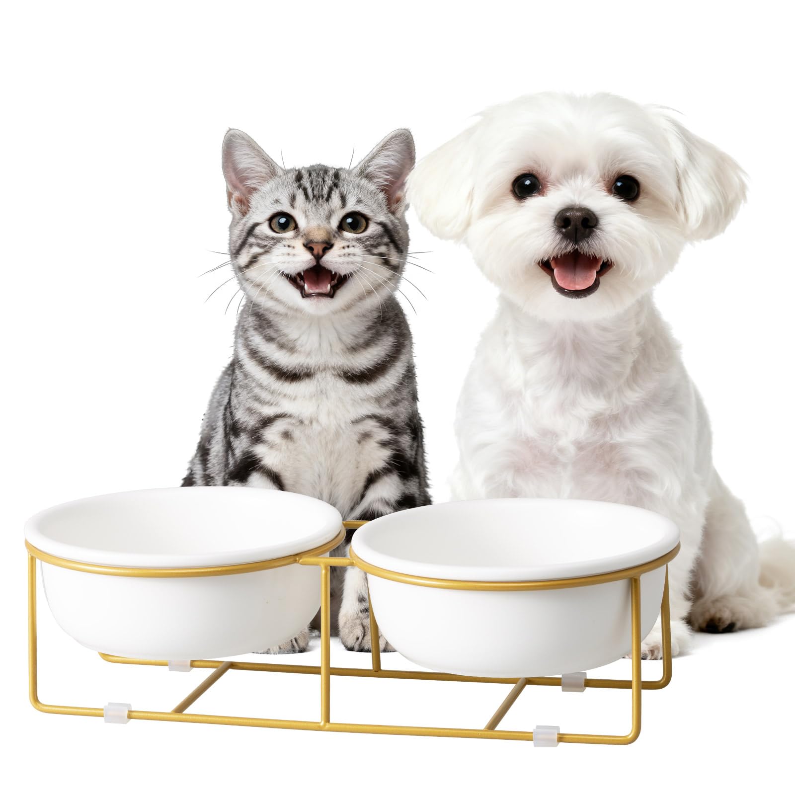 Elevated Dog Bowls for Food and Water - Double Ceramic Bowls with Metal Stand - Pet Feeding Set for Small Dogs and Cats - Each Holds 400ml / 2 Cups (Approx. 200g) - White — image 1
