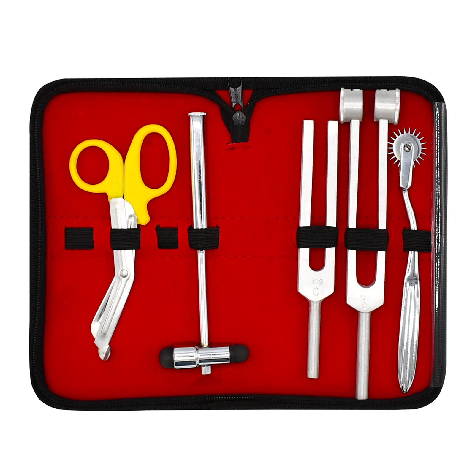 AAProTools 6 Piece Diagnostic Kit Medic Student - Reflex Hammer and Tuning Fork Set C 128 and C 512. Includes a Wartenberg Pinwheel and a Premium Yellow Steel Bandage Scissor 7.5”