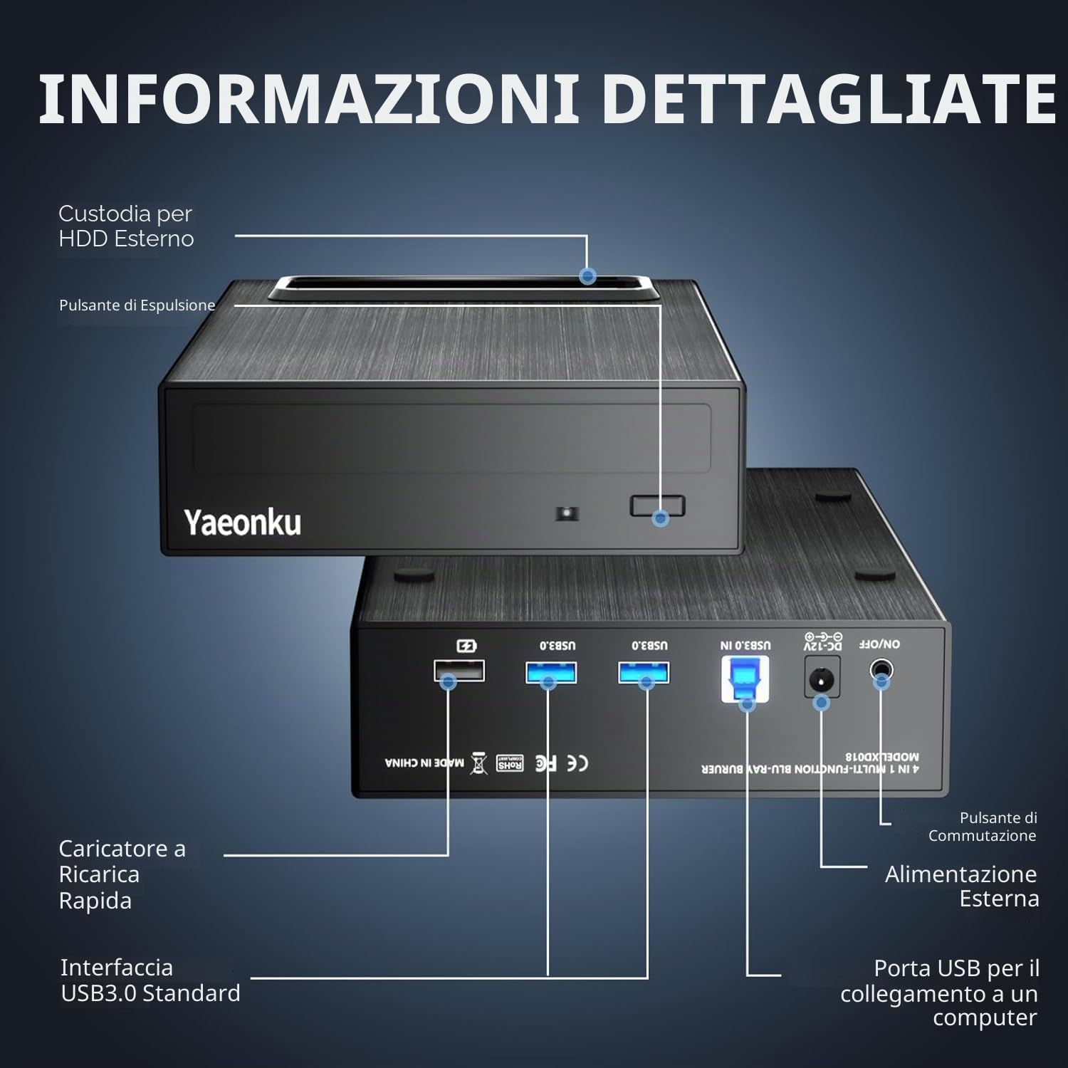 Yaeonku Unità esterna Blu-Ray 4 in 1, 16 unità esterna USB 3.0 e tipo C, caricatore rapido multifunzione, masterizzatore BD/CD/DVD / lettura con alloggiamento HDD