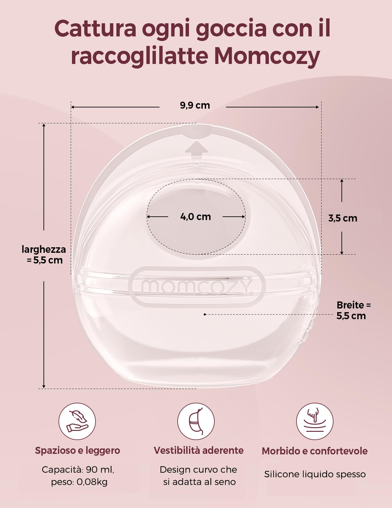 Momcozy Coppette Raccogli Latte Materno Riutilizzabili, Conchiglie in Silicone Morbido per Allattamento, 90 ml, 2 Pezzi, Comfort e Adattamento Migliore