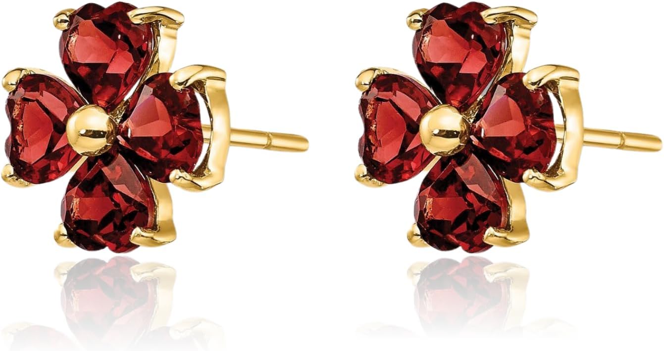 IceCarats 14K Solid Yellow Gold 2.80 carat Red Garnet Clover Leaf Large Stud Earrings 9mm 3/8 inch Heart Cut, Natural, Prong Set, Butterfly Back For Her