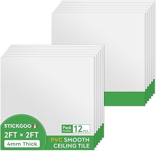 STICKGOO Waterproof Drop Ceiling Tiles 2x2 ft PVC 24x24in Pack of 12 - Fire-Rated, Easy Install, 48 Sq Ft Coverage, White