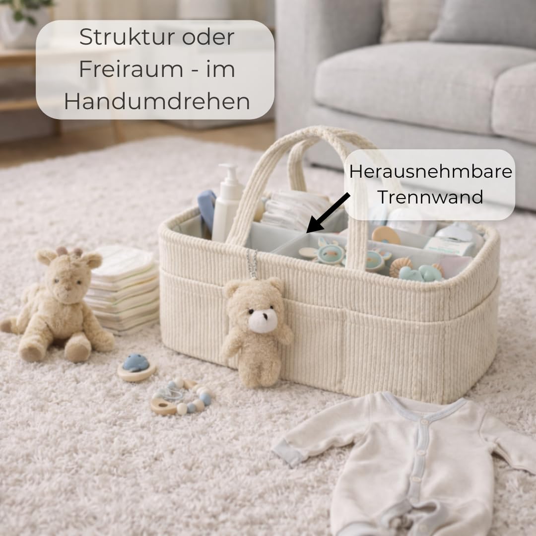 Generisch Wickelkorb Cord Beige - Wickelorganizer für Babys – Aufbewahrungskorb für Windeln, Feuchttücher und Babyartikel – Perfektes Baby Geschenk, Organizer für Wickeltisch und Wickeltasche