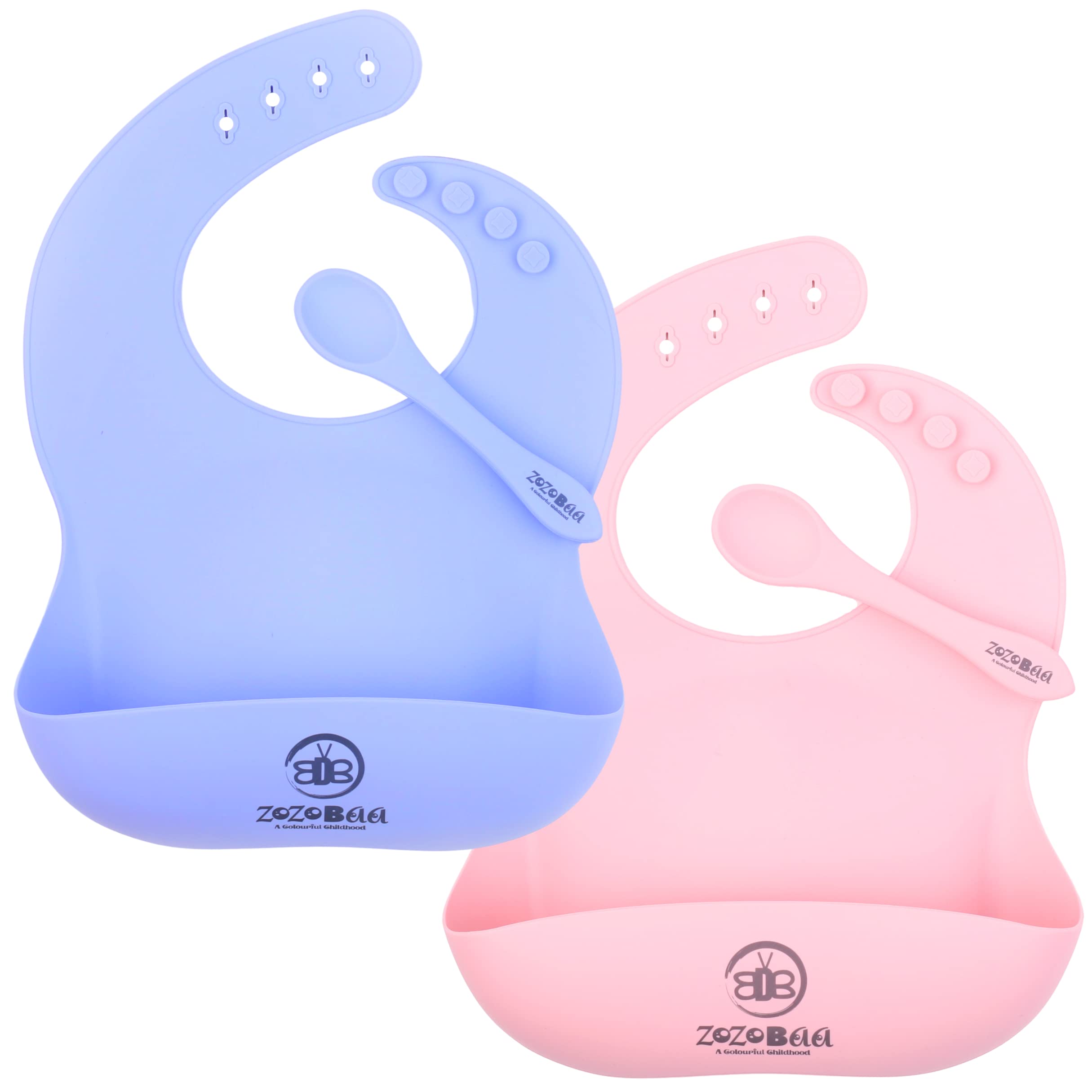 Silicone Baby Bib with Easy Grip Spoon For Feeding Toddlers|Waterproof & Reusable Bib with button for Infants |Soft, Light Weight, BPA Free, 2 Set, Purple & Pink