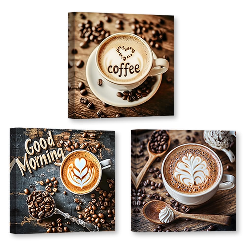 CXHOSTENT Coffee Canvas Wall Art Coffee Kitchen Decor 3 Pieces Vintage Coffees Bean Cup Pictures Print Restaurant Office Decor Framed (30x30cmx3)