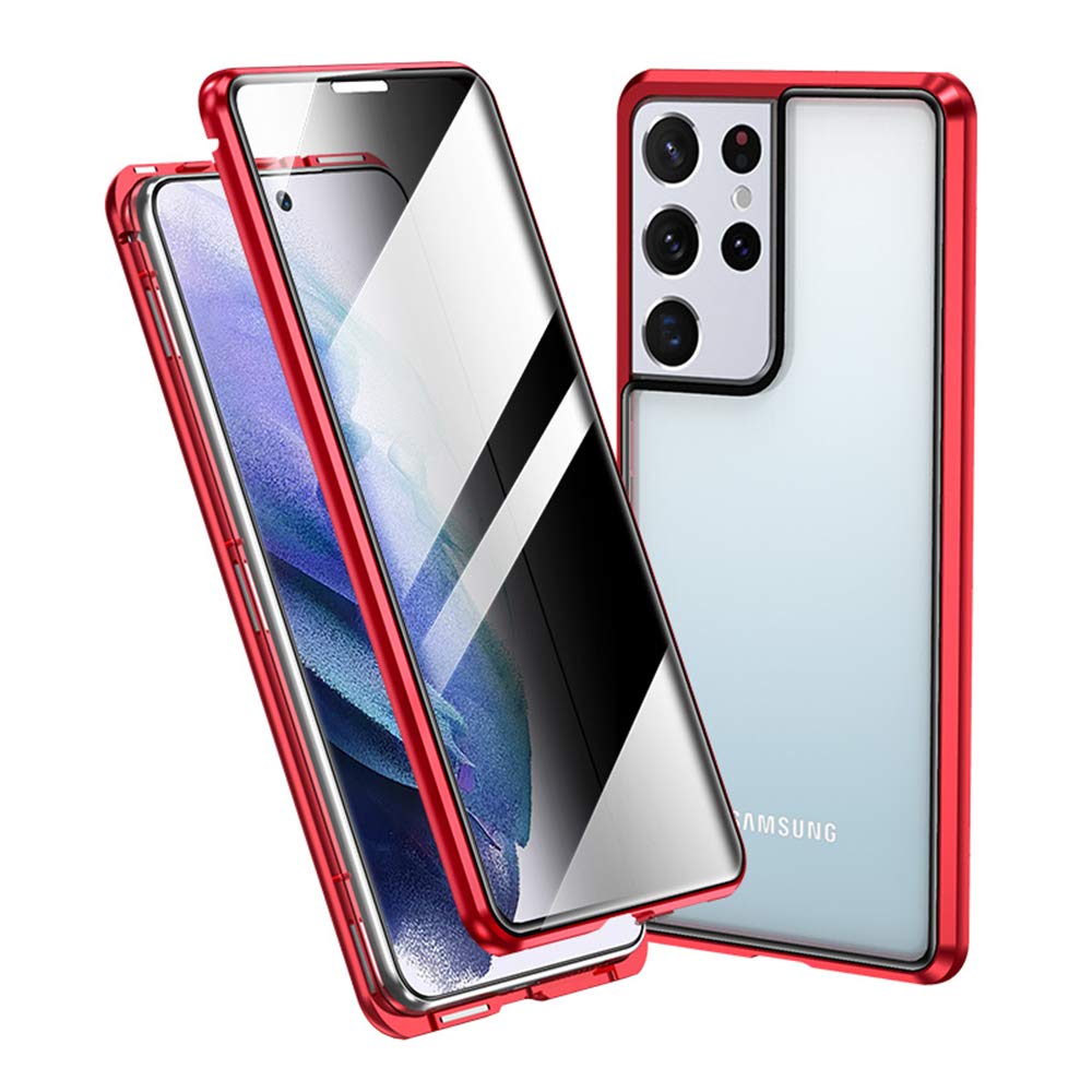 SENLANAnti-Peeping Safety Lock Galaxy S21 Ultra 6.8 inch case Double-Sided Tempered Glass Built-in Screen Protector Shockproof Metal Bumper Anti-spy Screen Magnetic adsorption (Galaxy S21Ultra, Red)