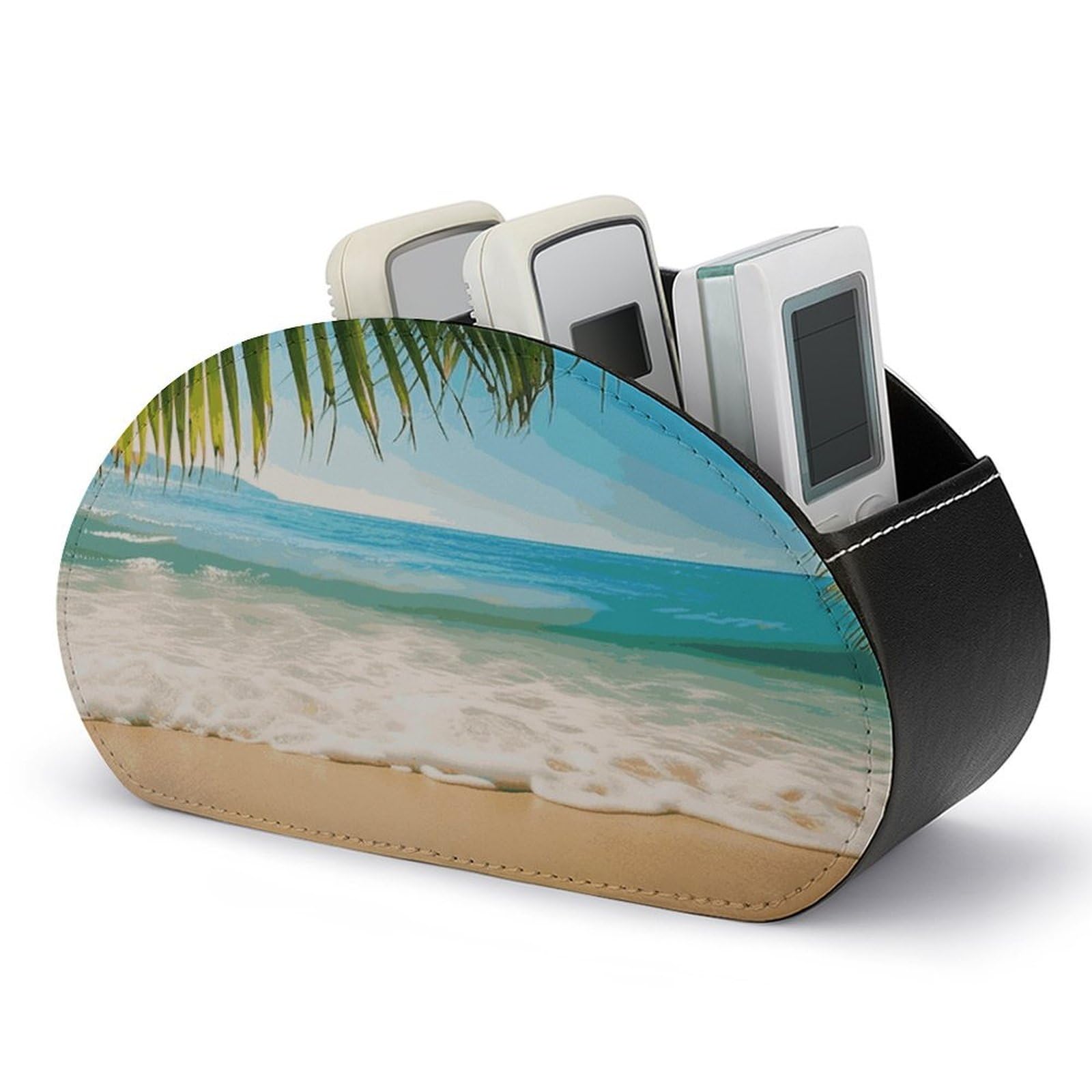 FekiLoot Ocean Sea Beach Palm Leaves Remote Control Holder, PU Leather Remote Control Organizer Box Stationery Remote Control Box Desk Storage Organizer for DVDs,Glasses,Pens,Media Players