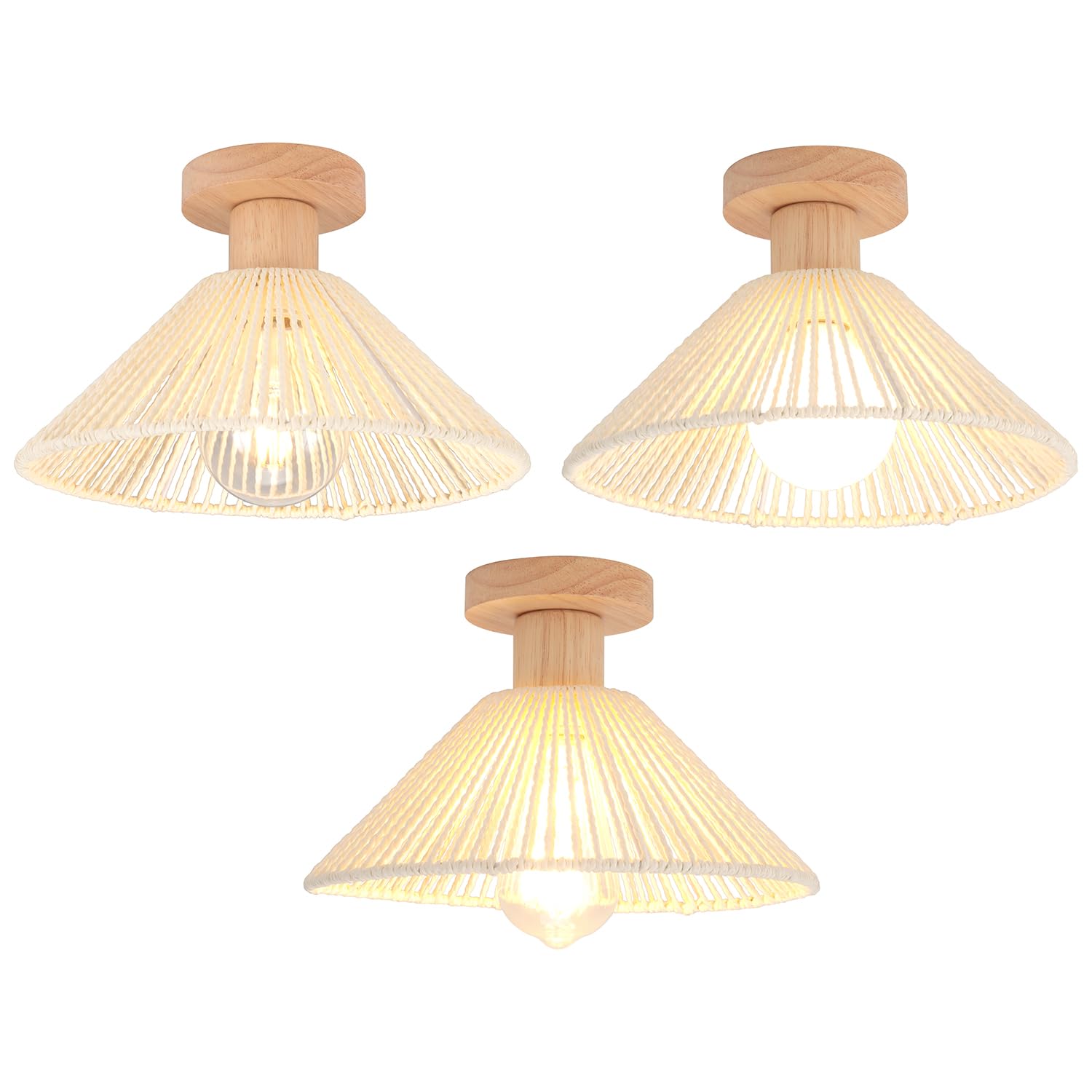 iDEGU 3 Piezas Lámparas de Techo Vintage 22CM LED Plafón Techo Retro Lámpara Colgante de Ratán y Madera E27 Iluminación de Techo Para Dormitorio, Pasillo, Salón, Comedor, Cafetería (Ratán Blanco)