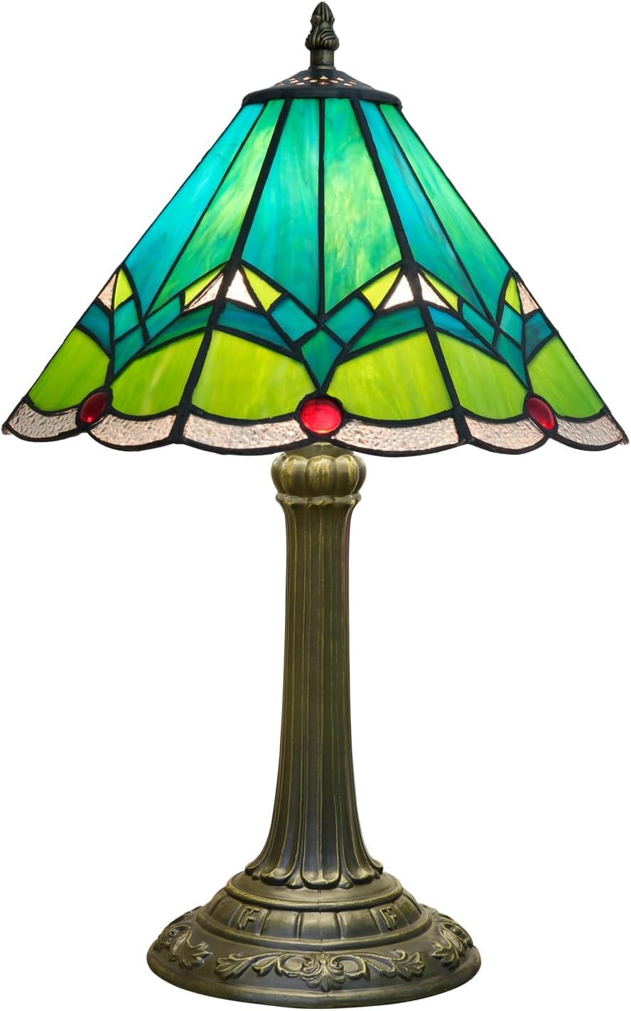 Green Tiffany Lamp Retro Rural Style Farmhouse Teal Bedroom Bedside Reading Light Living Room Hotel Bar Home Decor 12x19 Inch E26 Nightstand Unique Colored Bronze Metal Base Stainred Glass Table Lamp