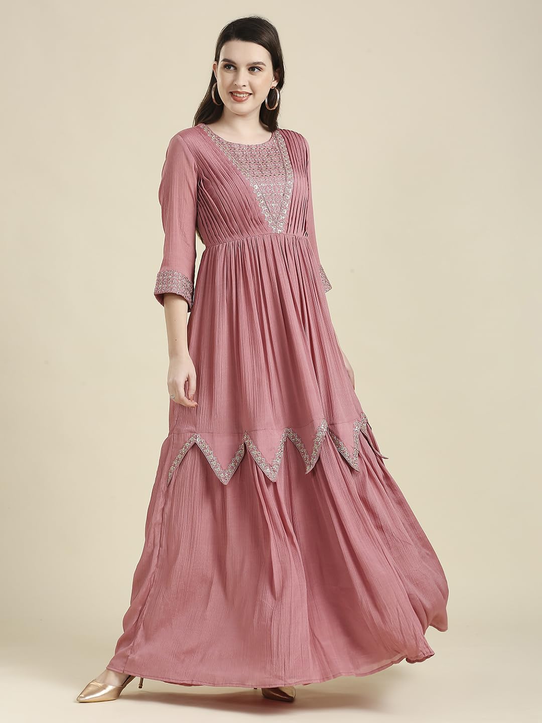 madhuram textiles Women Chinon Chiffon Traditional Ethnic Long Western Dress with Embroidery Work Long Kurta(M-2361) (in, Alpha, XL, Regular, Pink) 2