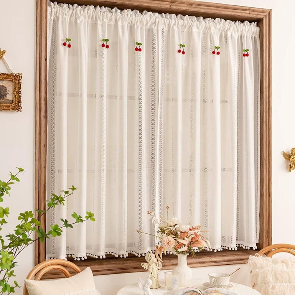 Rideaux en Dentelle Blanc avec Pompons, 2 Pièces Rideau Florales au Crochet de Ferme Française Filtre la Lumière Poche de Tige pour Armoire Salon(WxH150x220cm/59x86inch)