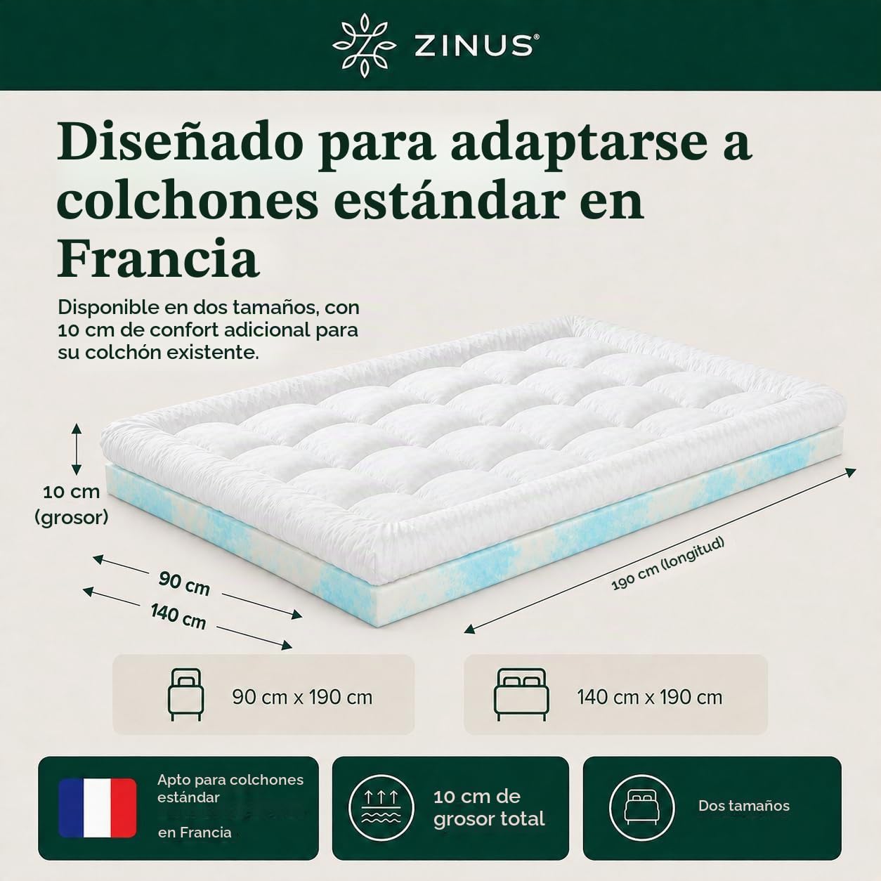 Zinus Bamboo Mattress Toppe Topper, Poliéster, Blanco, 190 x 140 cm