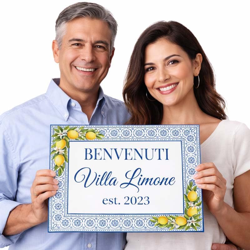 Custom Italian House Sign – Personalized Majolica Lemons Ceramic Tile Address Plaque – Welcome Sign - Family Name, Date or Blessing – Vibrant Mediterranean Home Wall Decor