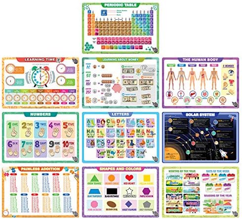 Fat Zebra Designs Educational Placemats - Set of 10 Learning Placemats - Easy Clean, Durable & Reusable Kids Table Mats - 12x17 Inches