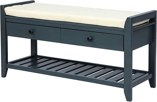 Miniatura 3 de Knocbel Zapatero con 2 cajones, banco de almacenamiento de 39 pulgadas con asiento acolchado y estante inferior, bancos de mesa auxiliar para