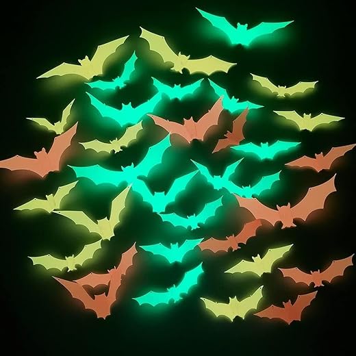 Lot de 36 autocollants 3D Chauves-souris d'Halloween, stickers muraux lumineux Chauves-souris d'Halloween, autocollants lumineux d'Halloween, pour décoration murale de fête d'Halloween