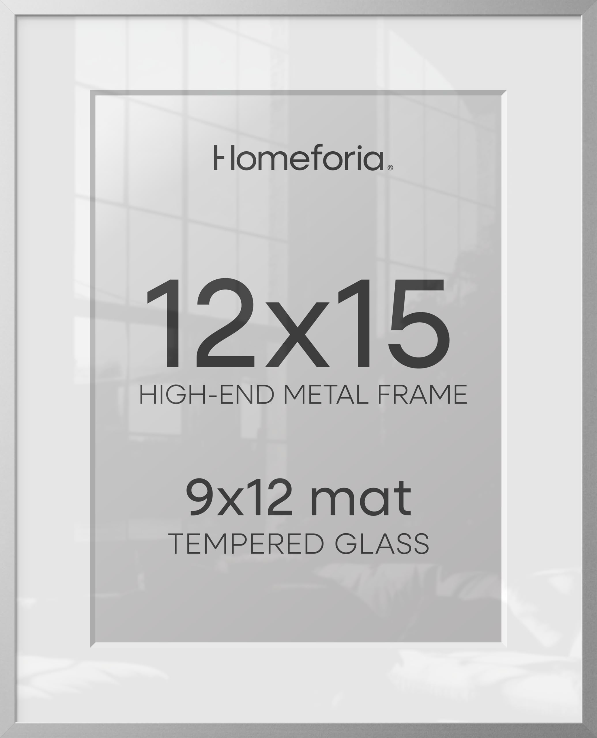 Homeforia 12x15 Silver Picture Frame, High-End Metal, 9x12 Mat, Glass | High End Aluminum, Tempered Glass, Acid-Free 9x12 Removable Mat, 12x15 in Edge-to-Edge Display 15x12, Wall Kit, Set Of 1