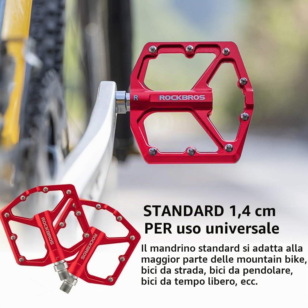ROCKBROS Pedali per Bicicletta MTB in Alluminio Pedali Bici Ciclismo 9/16 pollici Universali Superficie Larga CNC Taglio Ultra-leggero Anodizzazione Antiscivolo