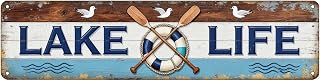 Lake Life 4x16" Vintage Tin Sign Nautical Lake House Cabin Wall Decor | Weathered decorative adornment for cabin porches & dockside siding, coastal casual decor for lakeside vacation living spaces