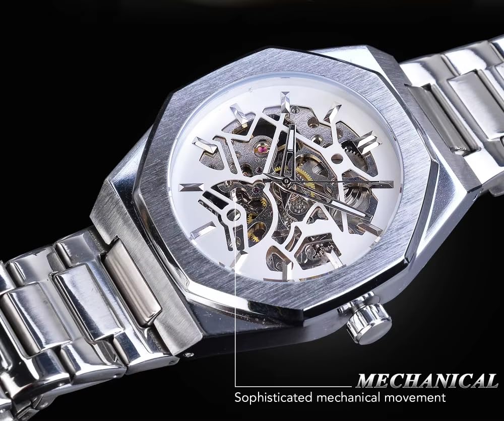 Mechanische Skelett-Uhr für Herren, automatisches Selbstaufziehendes offenes Herz-Design, Edelstahlband, Premium-Skelett-Uhr für lässige und formelle Kleidung