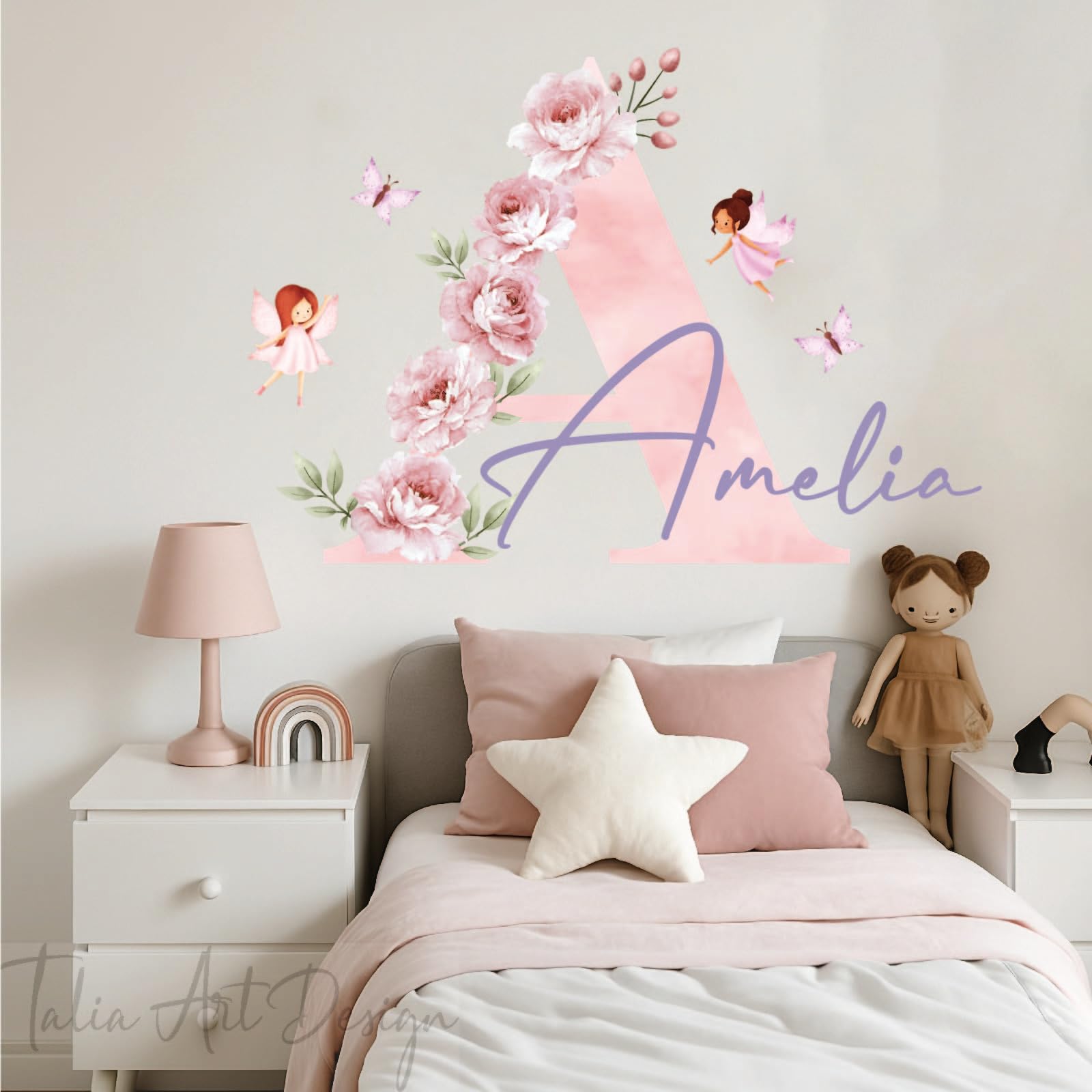 YKLT Decals Personalized Name and Initial Wall Decals for Girls Bedroom, Custom Floral Nursery Decor with Fairies and Butterflies, Large Vinyl Peel and Stick