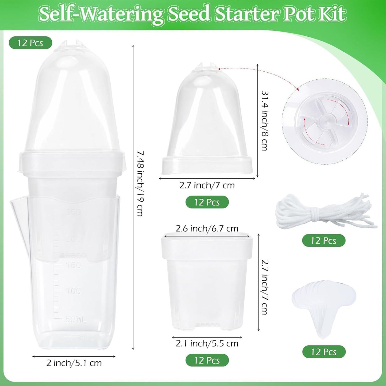 Lot de 12 pots à arrosage automatique – Cache-pot transparent, environ 5 cm, pour , avec dôme d'humidité, ventilation réglable, réservoir d'eau intégré de 150 ml | Pour boutures, balcons,
