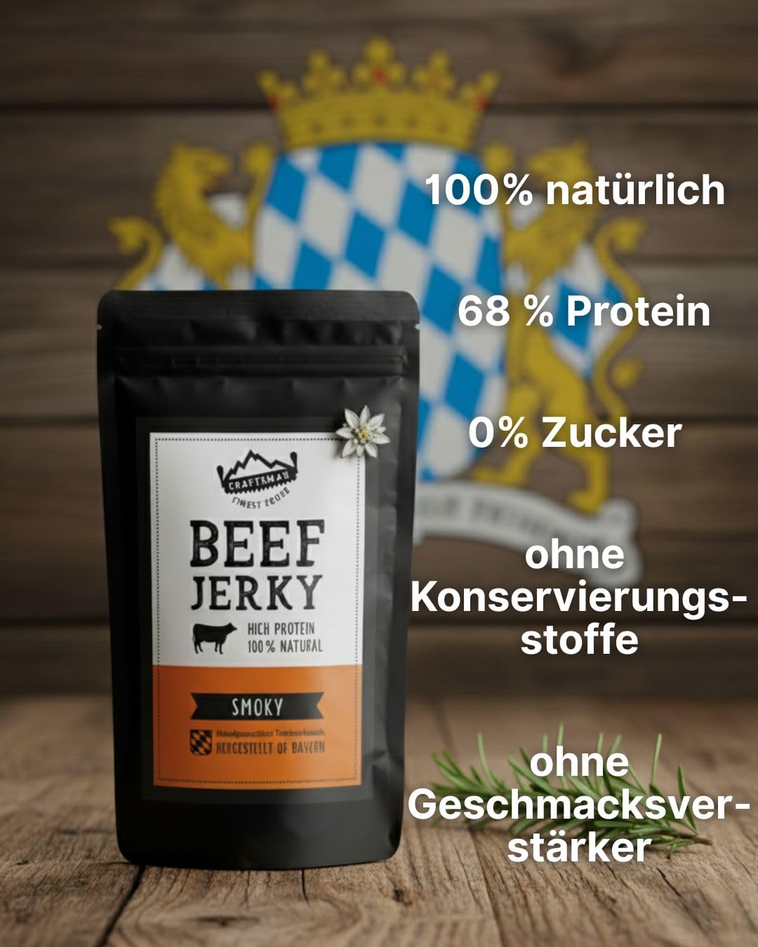 Craftsman Beef Jerky Smoky 500g | Ohne Zucker | Aus Deutschland - Bayern | Jerky Beef Set 10 x 50g | 100% Rindfleisch | High Protein 68% | Dörrfleisch/Trockenfleisch Smoky | 100% Natürlich