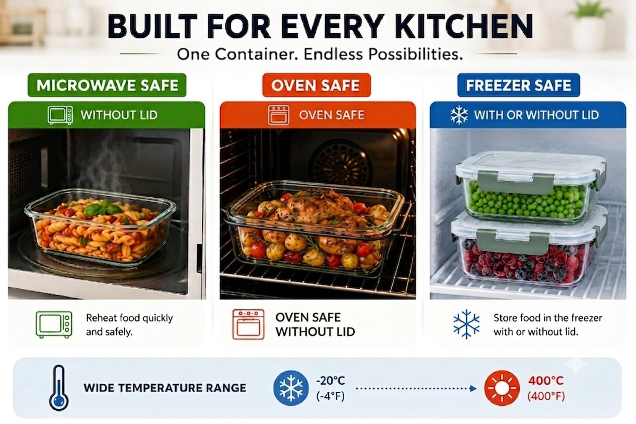 Contenitori per alimenti in vetro con coperchi ermetici, set da 10 pezzi, a prova di perdite, senza BPA, adatti per forno, microonde, congelatore, contenitori impilabili da cucina per avanzi e cottura