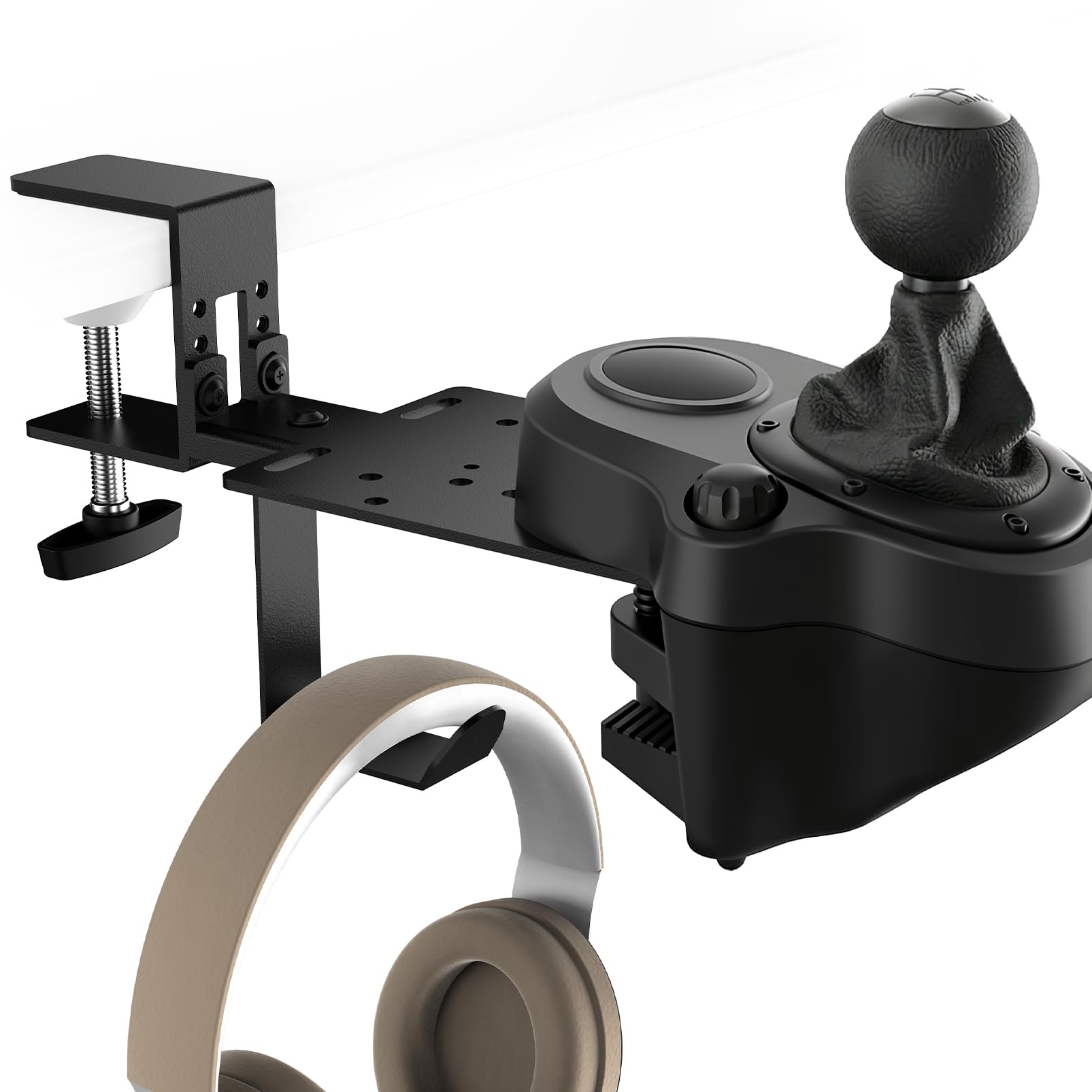 Soporte de Palanca de Cambios para Simulador de Carreras, Abrazadera de Montaje en Escritorio con Portaauriculares Compatible con Logitech,Thrustmaster, Fanatec,Moza,Simagic,Turtle Beach,Heusinkveld