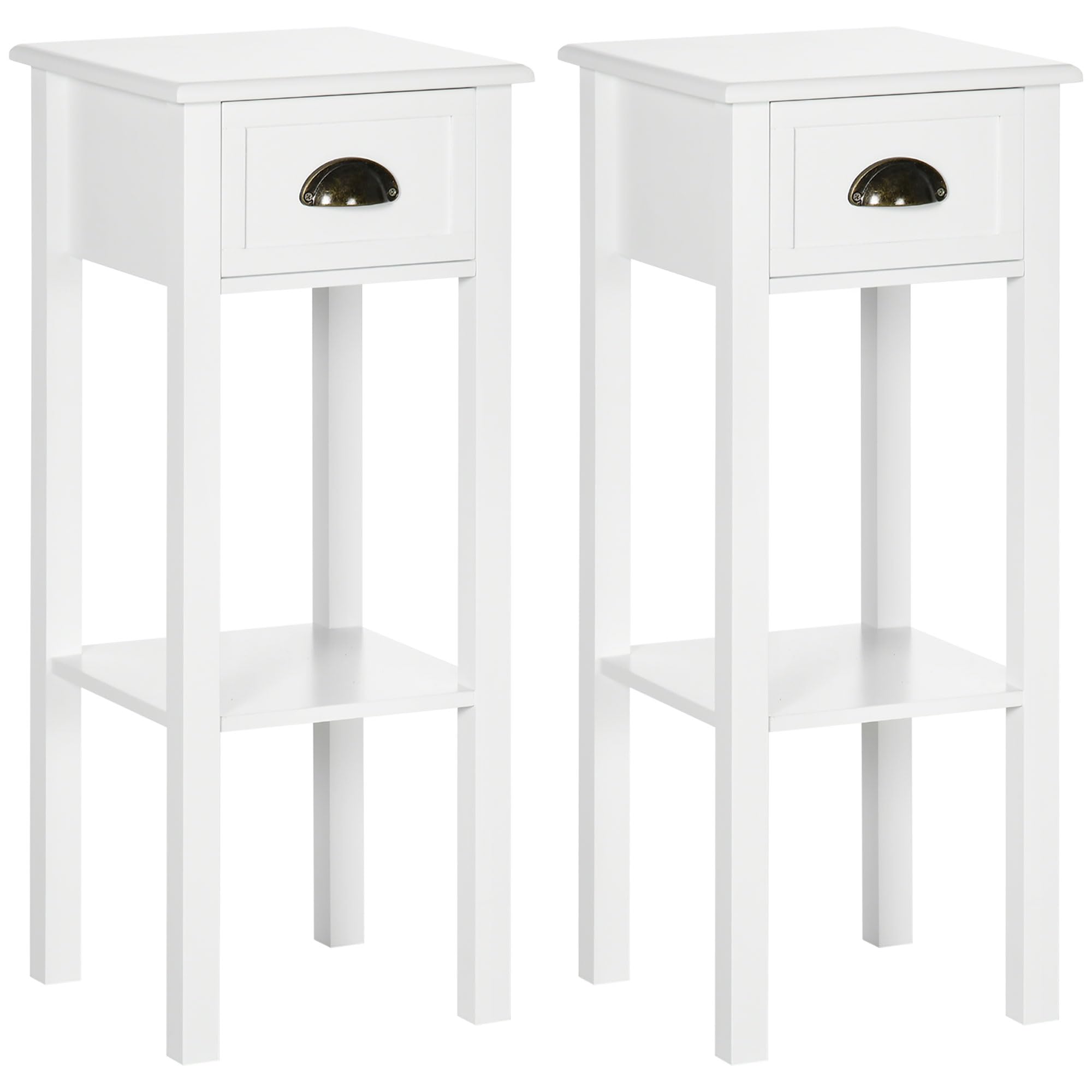 HOMCOM Conjunto de 2 Mesas Auxiliares Mesitas de Noche con Cajón y Estante de Almacenamiento Estilo Moderno para Salón Dormitorio 30x30x75 cm Blanco