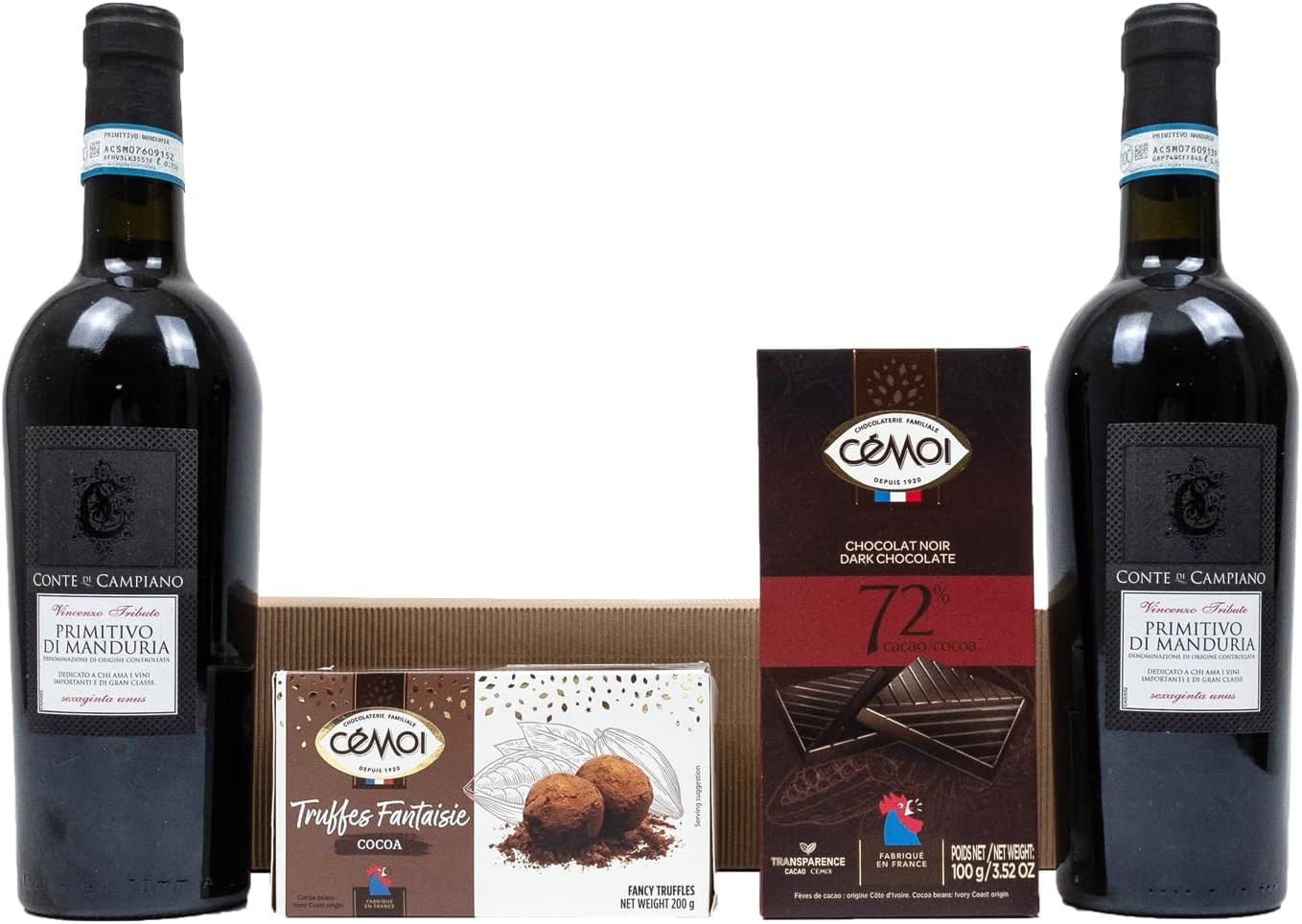 The Wine Guys Conte di Campiano "DOPPIO BENE" Präsentkorb mit Rotwein, Schokolade Trüffel und Zartbitterschokolade | 2 × 750 ml | 4 Stück (1er Pack) | Verpackung kann abweichen