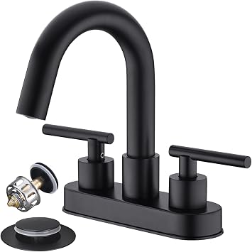 Black Bathroom Faucet, BSTIIU Centerset Sink Faucets for 3 Hole Sink, 4 Inch 2 Handle RV Vanity Faucet with Metal Overflow Pop Up Drain and cUPC Water Supply Lines, Matte Black