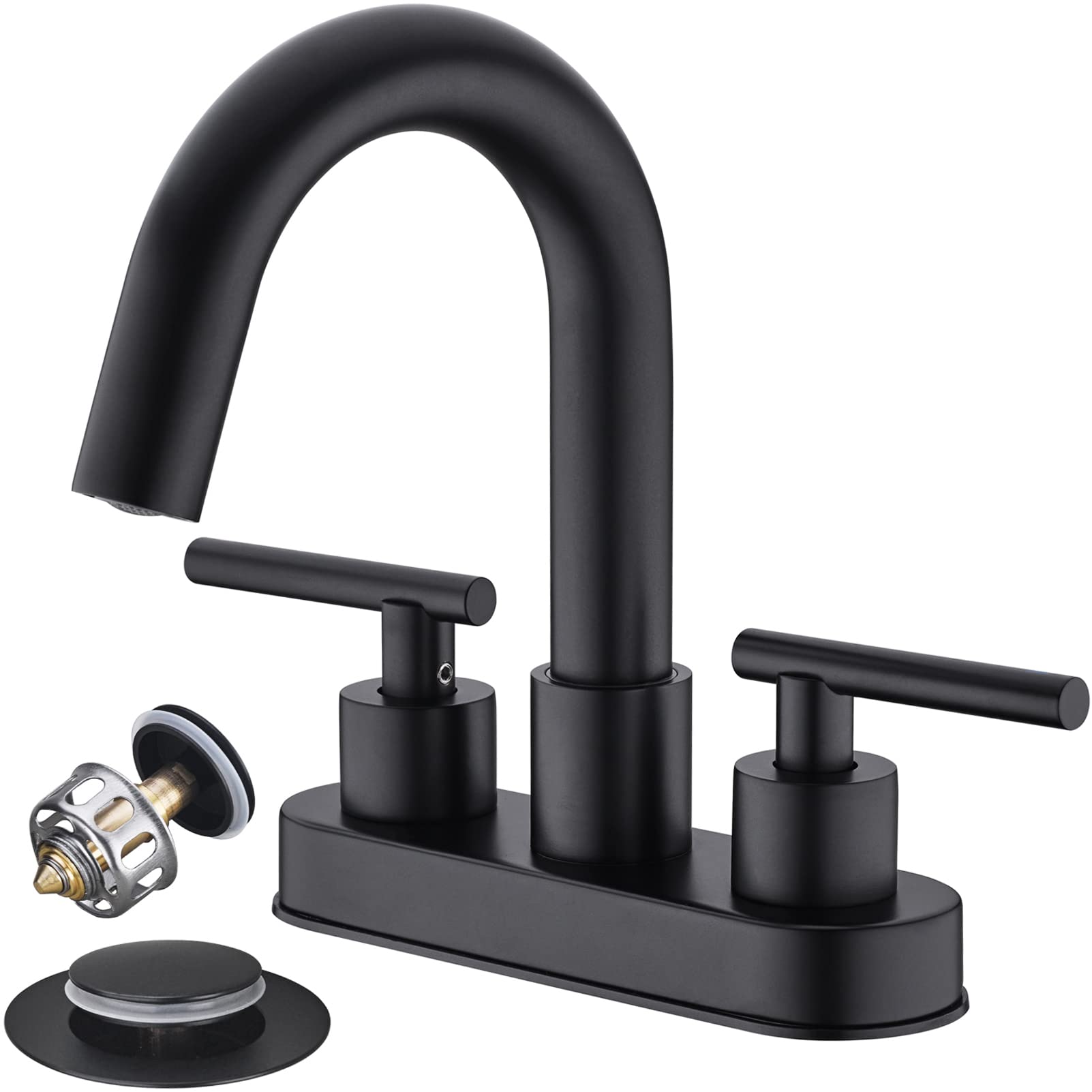 Black Bathroom Faucet, BSTIIU Centerset Sink Faucets for 3 Hole Sink, 4 Inch 2 Handle RV Vanity Faucet with Metal Overflow Pop Up Drain and cUPC Water Supply Lines, Matte Black