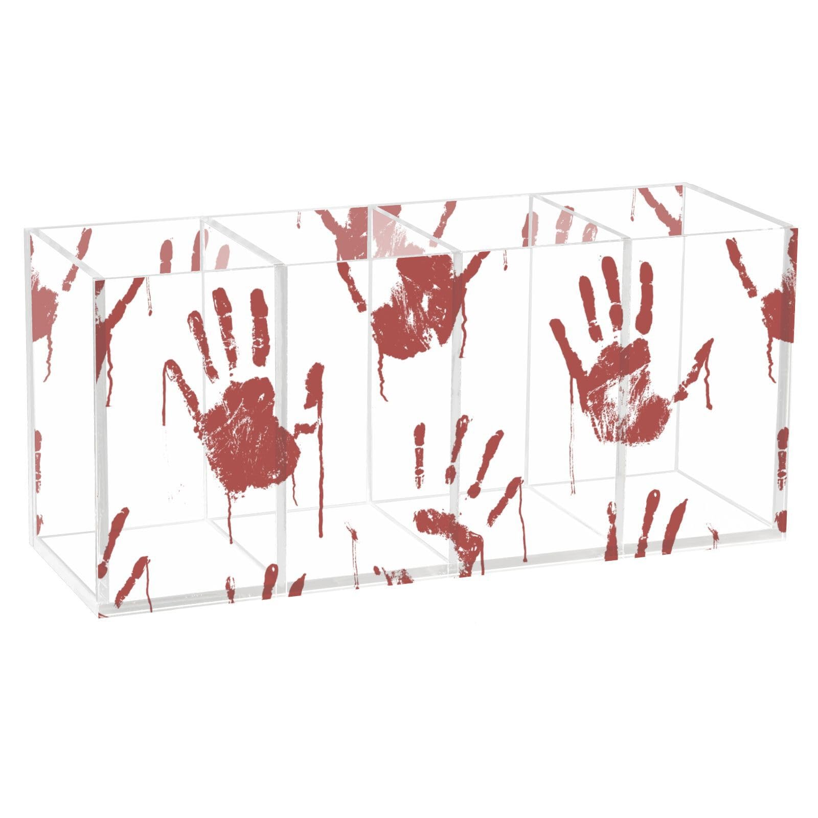 Yuiboo Acrylic Pencil Case Organizer Red Hands Imprint Happy Halloween 4 Compartments Transparent Plastic Makeup Brush Holder for Bedroom Storage Desk Organization