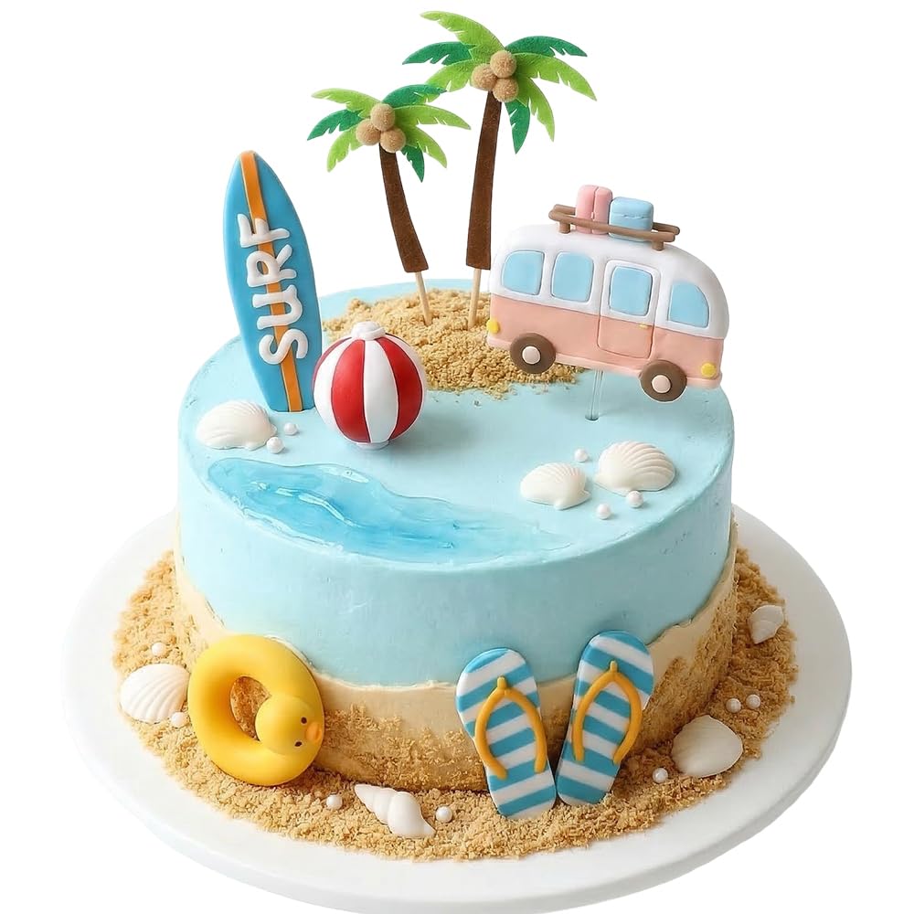 8 Pcs Summer Beach Cake Decorations Set, Tropical Hawaiian Party Supplies & Pool Party Cupcake Toppers with Surfboard, Palm Trees, Beach Van, Flip Flops, Life Ring & Beach Ball for Birthday