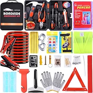 HAIPHAIK Emergency Roadside Car Kit Auto Vehicle Truck Safety Emergency Road Side Assistance Kits Car Emergency Safety Kit with Jumper Cables,Handheld Toolkit,Warning Triangles