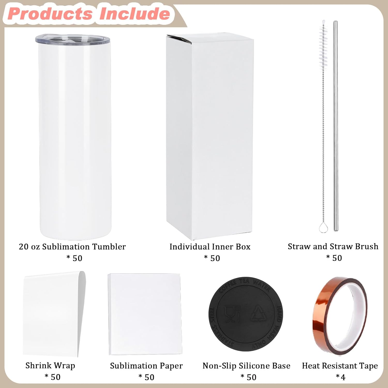 50 Pack 20 Oz Sublimation Tumblers Bulk, Stainless Steel Double Wall Vacuum Insulation Cup, Sublimation Cups with Straw, Individually Box (Flat Edge) - Image 2
